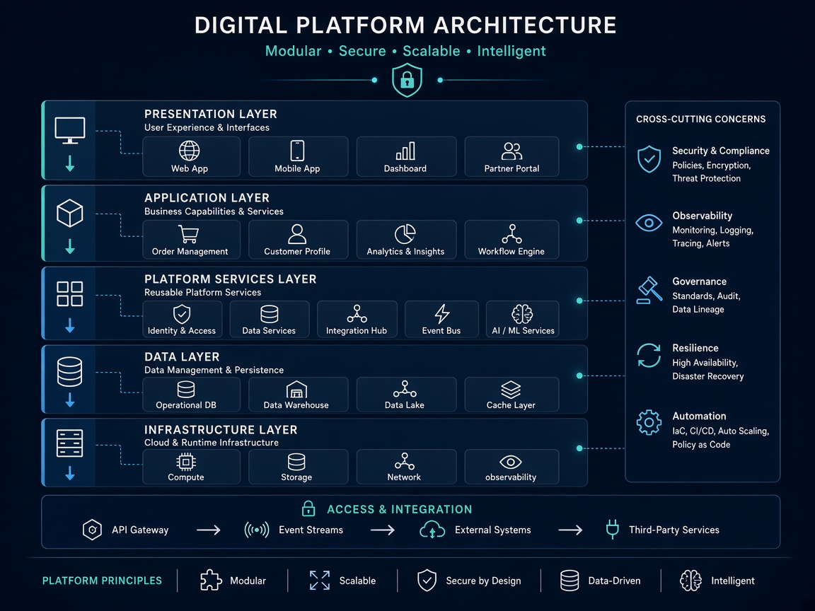 Schematische Darstellung einer strukturierten digitalen Plattformarchitektur mit mehreren Informationsebenen